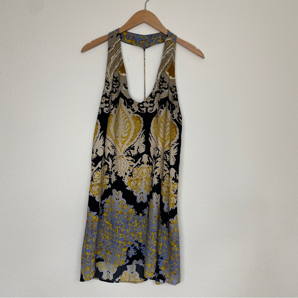 Meghan Los Angeles Blue Gold Boho Strappy Back Lightweight Mini Dress Size Small